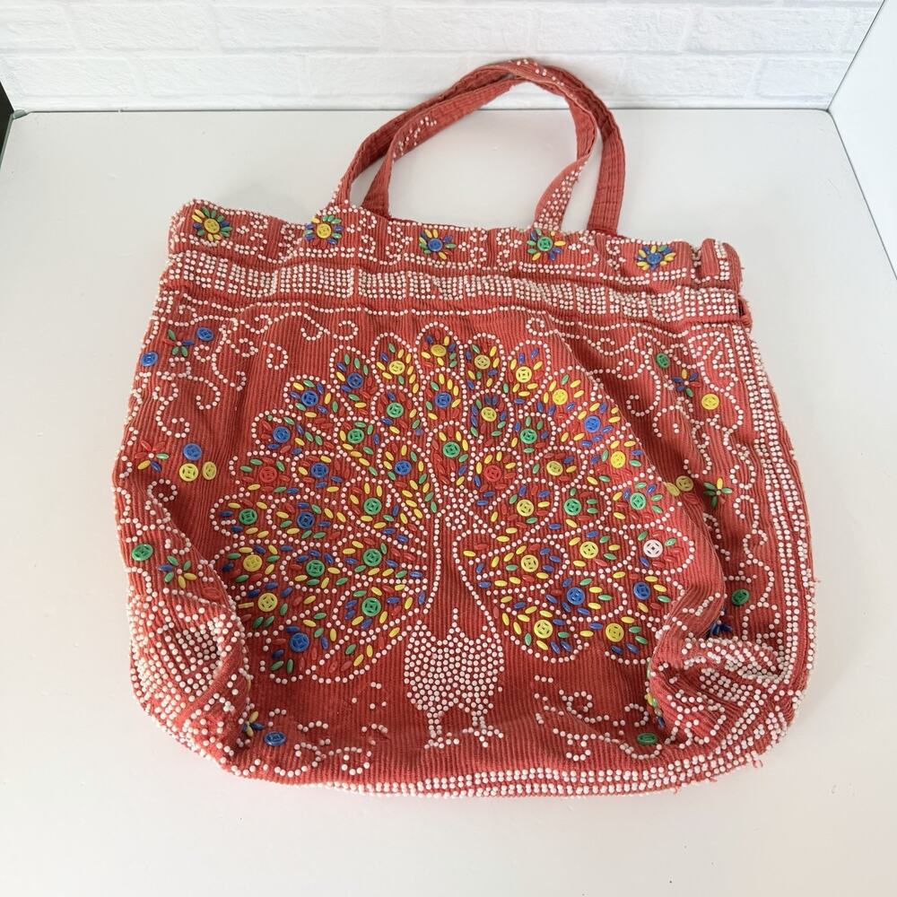 Vintage Red Beaded Peacock Purse Retro Boho Hippie Handmade Seed Beads 70's - Picture 2 of 6